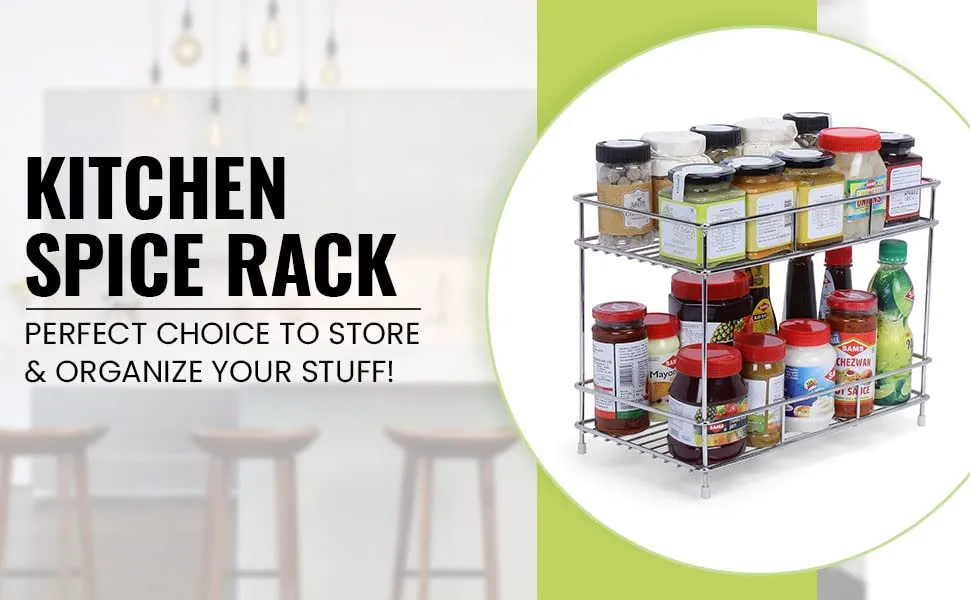 CR18 COLLECTION Big Size Stainless Steel 2 Layer Kitchen Spice Rack| Modular Kitchen Storage Rack | Kitchen Organizer Multipurpose Storage Shelf/Rack, Silver, Step Shelf