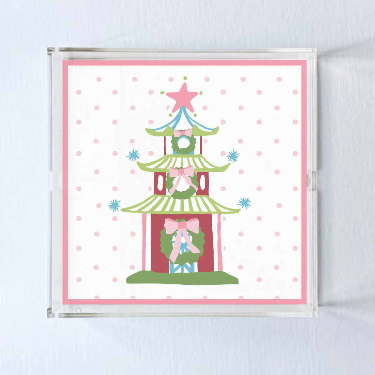 Green Festive Pagoda Square Acrylic Tray, 3 Sizes