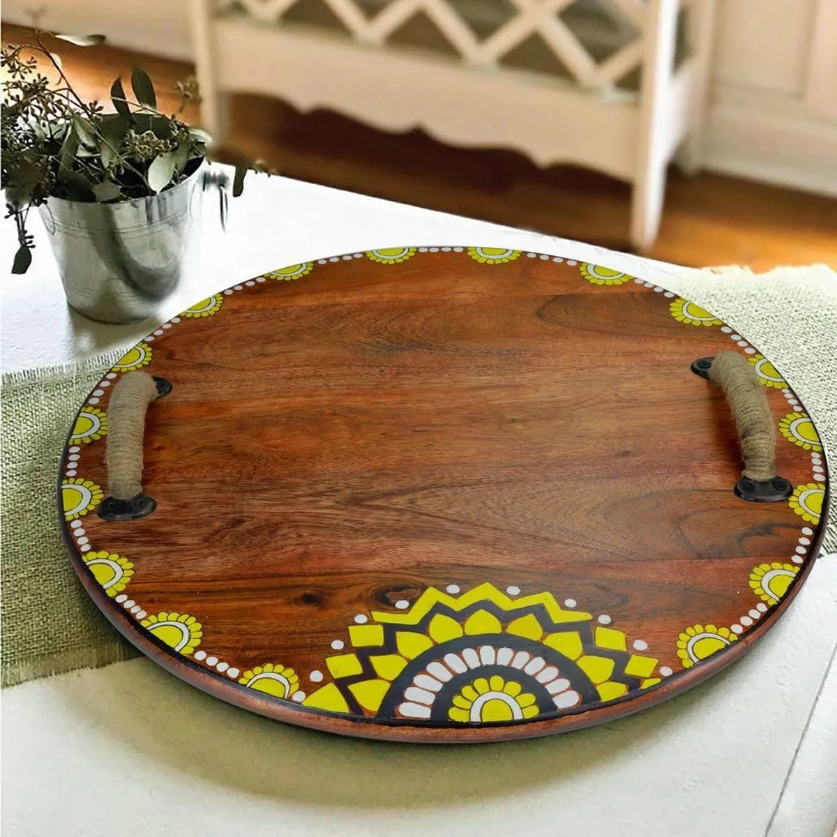 Hand - Painted Brown Wooden Tray with Handle