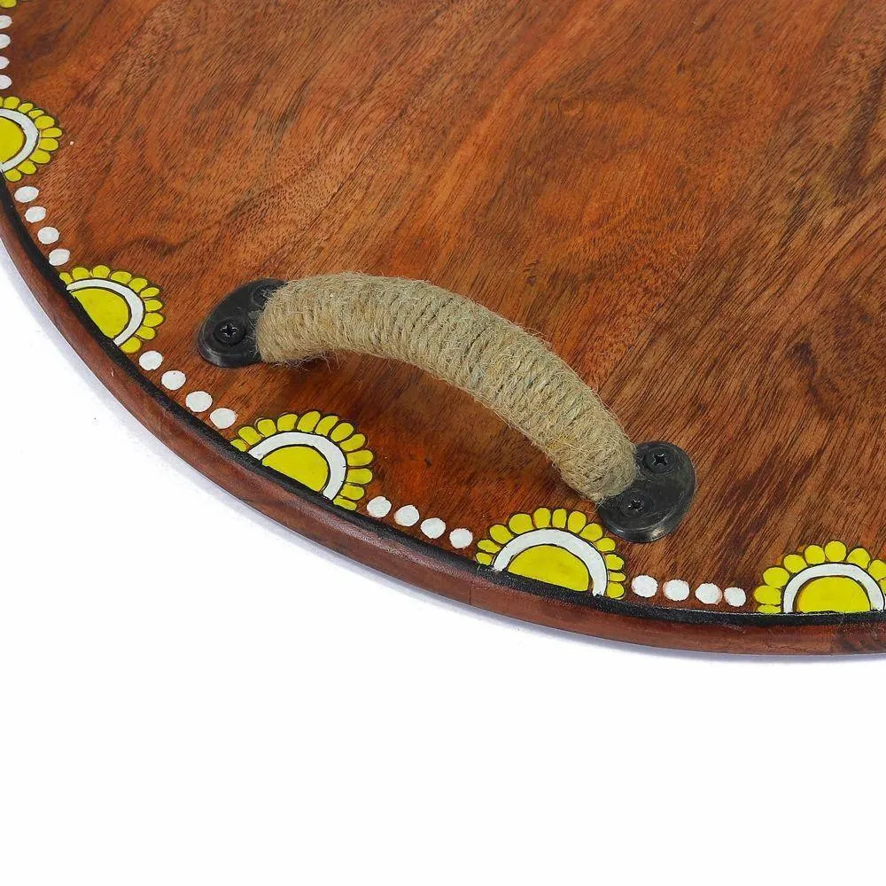 Hand - Painted Brown Wooden Tray with Handle