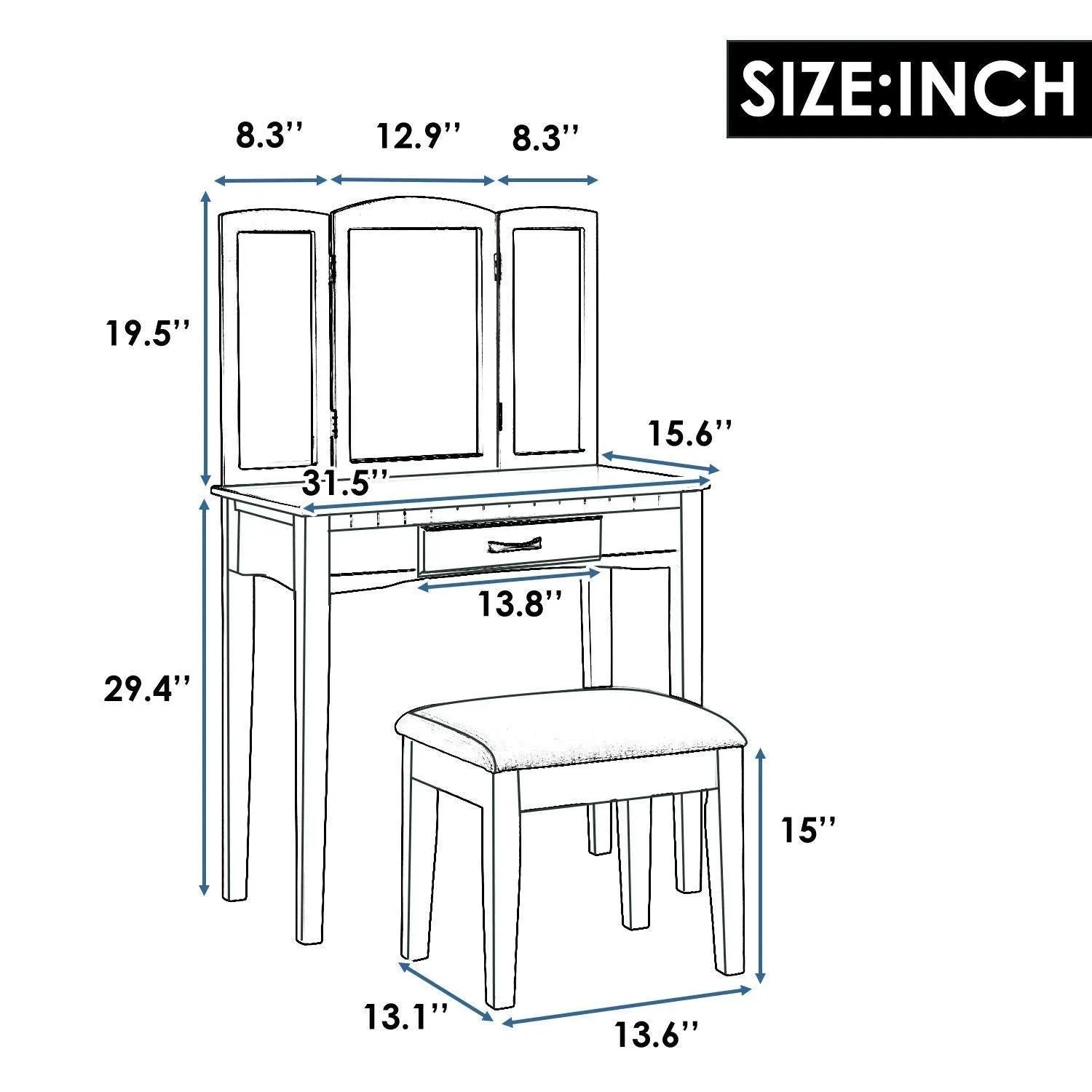 Harper&Bright Designs Vanity Table Set with Mirror & Cushioned Stool Dressing Table Make up Vanity Dresser(Espresso)
