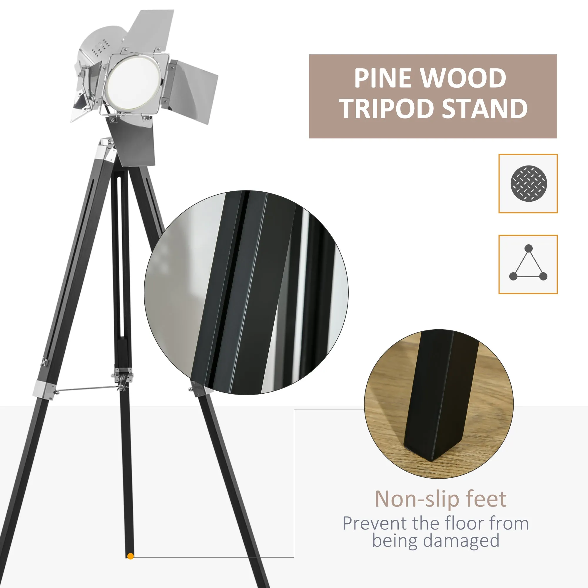 HOMCOM Vintage Tripod Floor Lamp Wood Cinema Searchlight W/ Adjustable Height