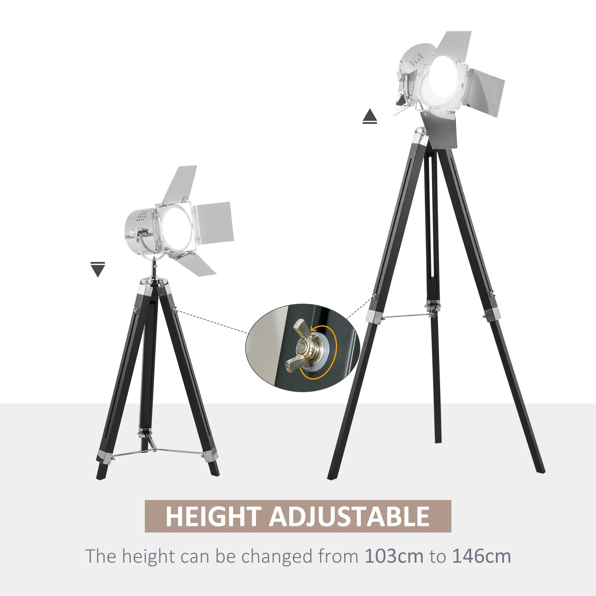 HOMCOM Vintage Tripod Floor Lamp Wood Cinema Searchlight W/ Adjustable Height