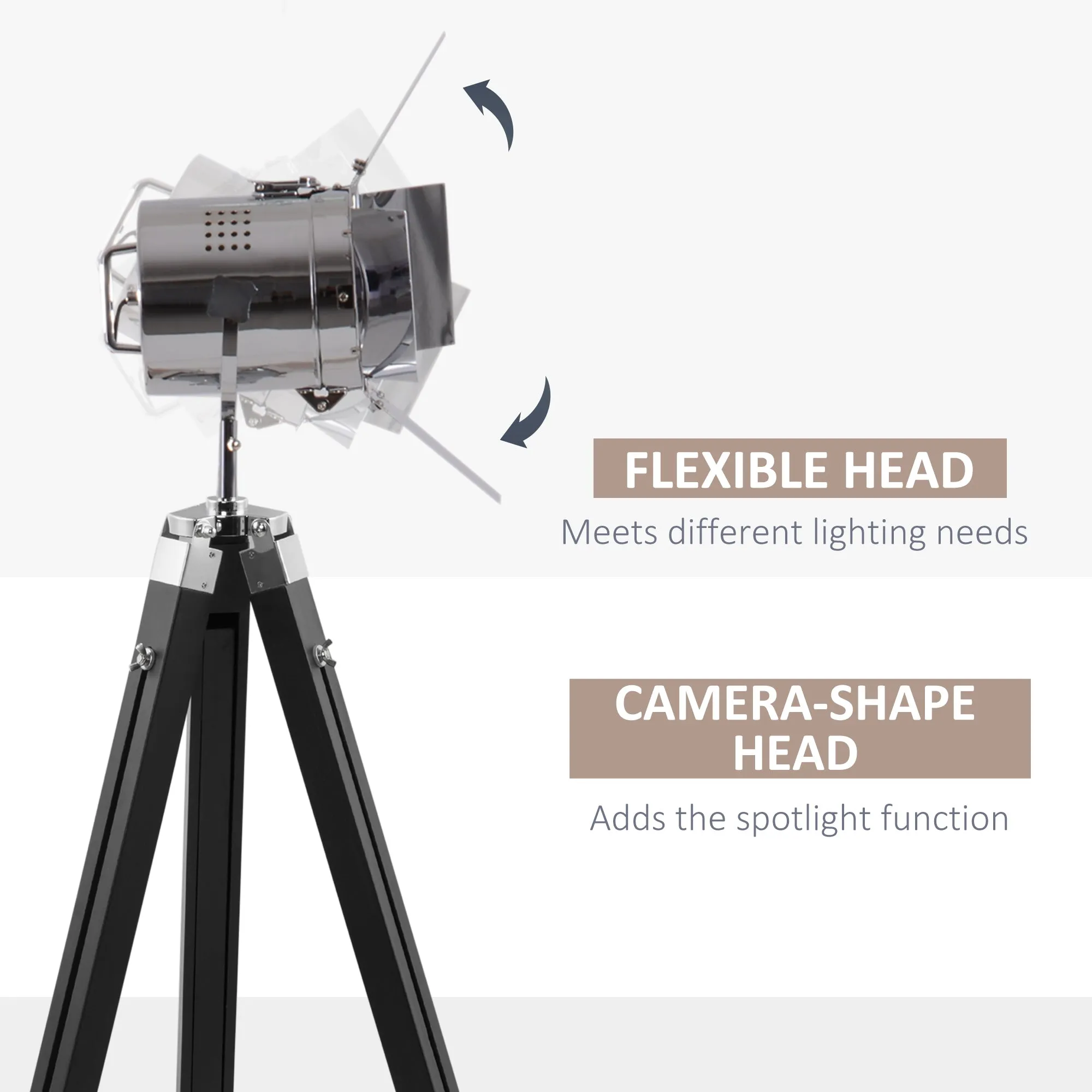 HOMCOM Vintage Tripod Floor Lamp Wood Cinema Searchlight W/ Adjustable Height