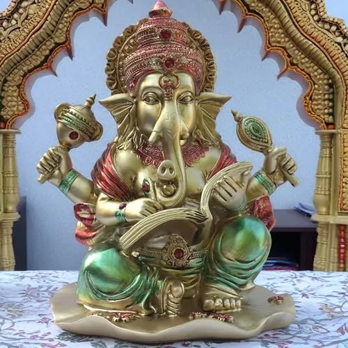 KRAFTSKALA Ganesha Idol for Home Temple, Large 10 inch Ganpati Murti for House Entrance, Auspicious Vinayak Resin Statue for Home, Living Room, Office Desk, Gifting (Golden)