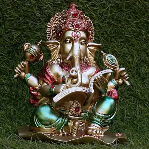 KRAFTSKALA Ganesha Idol for Home Temple, Large 10 inch Ganpati Murti for House Entrance, Auspicious Vinayak Resin Statue for Home, Living Room, Office Desk, Gifting (Golden)