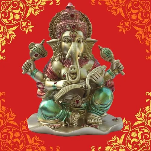 KRAFTSKALA Ganesha Idol for Home Temple, Large 10 inch Ganpati Murti for House Entrance, Auspicious Vinayak Resin Statue for Home, Living Room, Office Desk, Gifting (Golden)