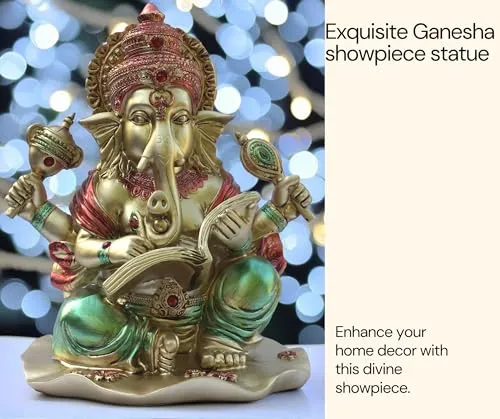 KRAFTSKALA Ganesha Idol for Home Temple, Large 10 inch Ganpati Murti for House Entrance, Auspicious Vinayak Resin Statue for Home, Living Room, Office Desk, Gifting (Golden)