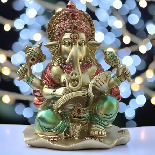 KRAFTSKALA Ganesha Idol for Home Temple, Large 10 inch Ganpati Murti for House Entrance, Auspicious Vinayak Resin Statue for Home, Living Room, Office Desk, Gifting (Golden)