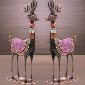 KRAFTSKALA Handpainted Iron Deer Showpiece Set of 2 Vibrantly Coloured Tabletop Liiving Room Office Home Decor Gift Item 10.5x4.5 inch (Deer Set)