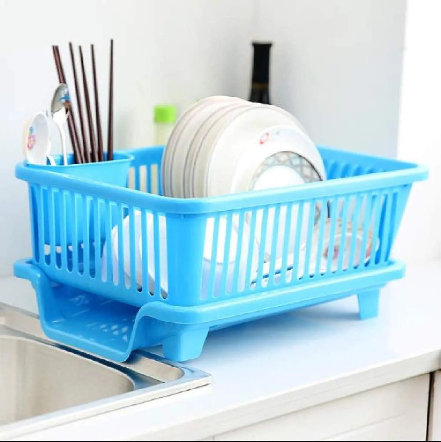 Kuber Industries 3 in 1 Large Durable Plastic Kitchen Sink Dish Rack Drainer Drying Rack Washing Basket with Tray for Kitchen, Dish Rack Organizers, Utensils Tools Cutlery (Blue)-KUBMARTK10733