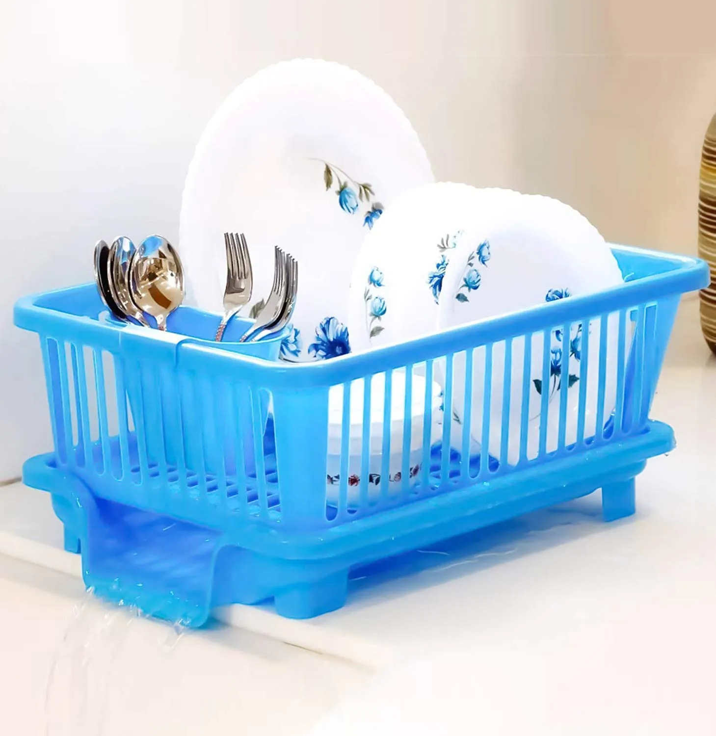 Kuber Industries 3 in 1 Large Durable Plastic Kitchen Sink Dish Rack Drainer Drying Rack Washing Basket with Tray for Kitchen, Dish Rack Organizers, Utensils Tools Cutlery (Blue)-KUBMARTK10733