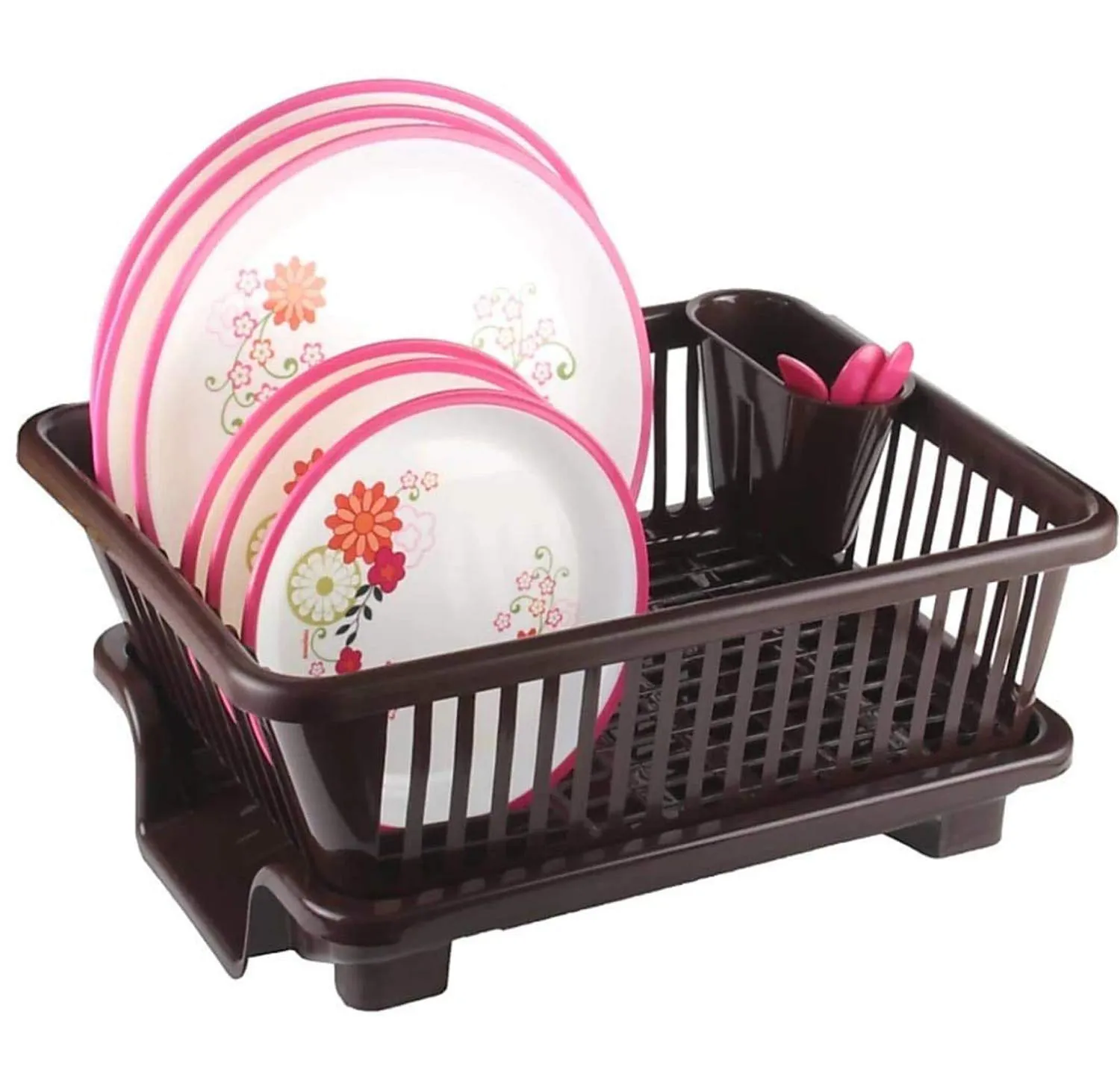 Kuber Industries 3 in 1 Large Durable Plastic Kitchen Sink Dish Rack Drainer Drying Rack Washing Basket with Tray for Kitchen, Dish Rack Organizers, Utensils Tools Cutlery (Brown)-KUBMART10737