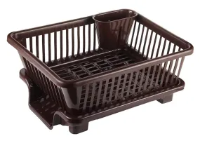 Kuber Industries 3 in 1 Large Durable Plastic Kitchen Sink Dish Rack Drainer Drying Rack Washing Basket with Tray for Kitchen, Dish Rack Organizers, Utensils Tools Cutlery (Brown)-KUBMART10737
