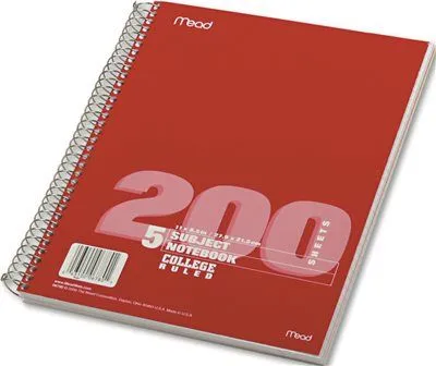 Mead 5 Subject Notebook' College Rule' 8-1/2 X 11' White' 200 Sheets/Pad