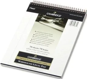 Mead Cambridge Premium Wirebound Legal Pad' Lgl Rule' Ltr' White' 70 Sheets/Pad