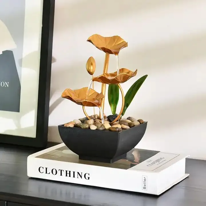 Melgoza Small Golden Metal Tabletop Water Fountain for Home Decor - Waterfall Lotus Fountains with Deep Basin, Natural River Rocks, Indoor Zen Relaxation Table Decor for Office, Home, Water Showpiece