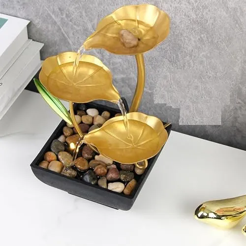 Melgoza Small Golden Metal Tabletop Water Fountain for Home Decor - Waterfall Lotus Fountains with Deep Basin, Natural River Rocks, Indoor Zen Relaxation Table Decor for Office, Home, Water Showpiece