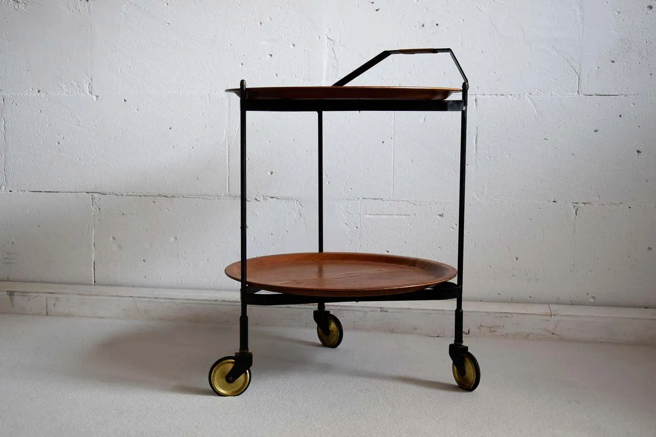Mid Century Foldable Teak Bar Trolley