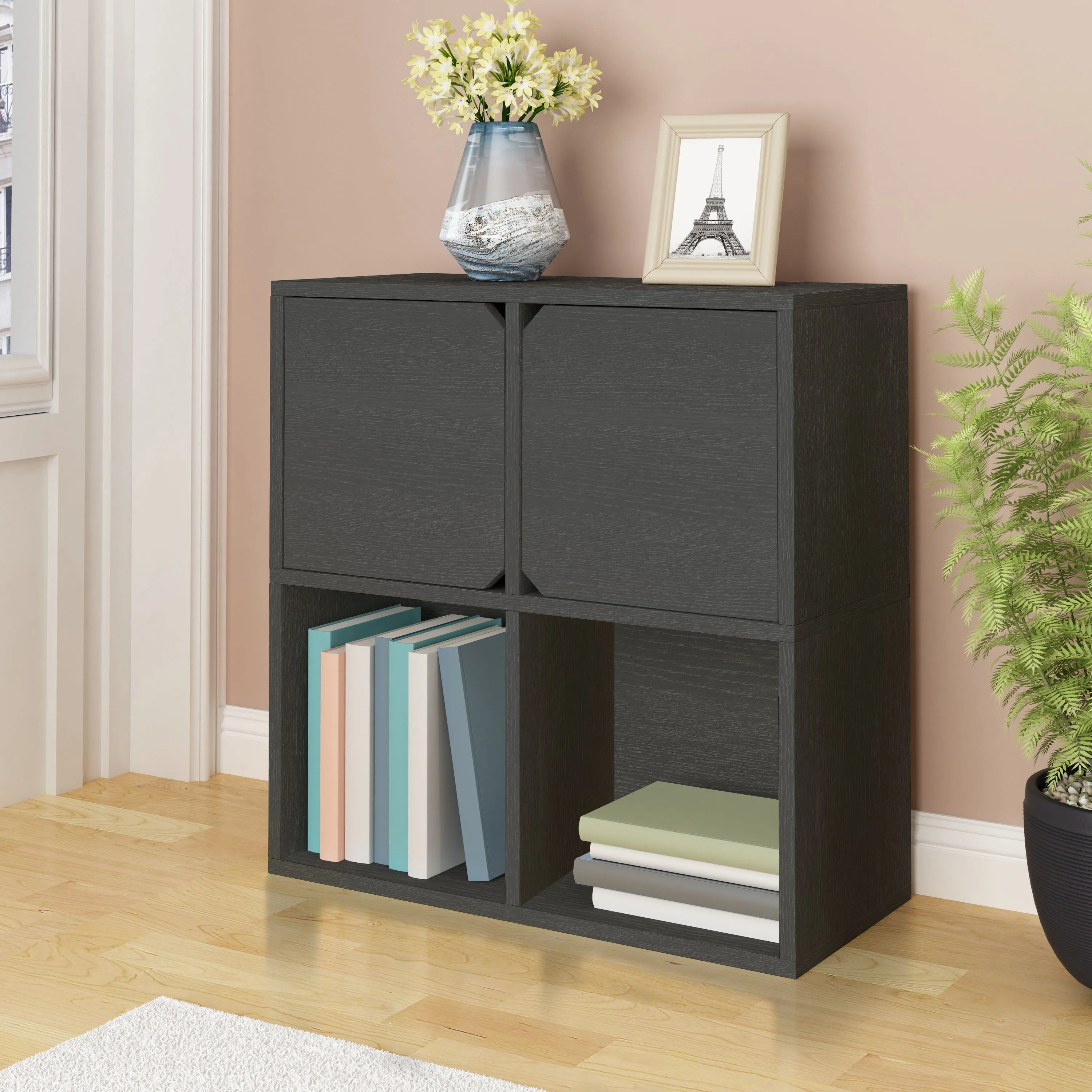 Modular Bookcase with Doors, Charcoal Black