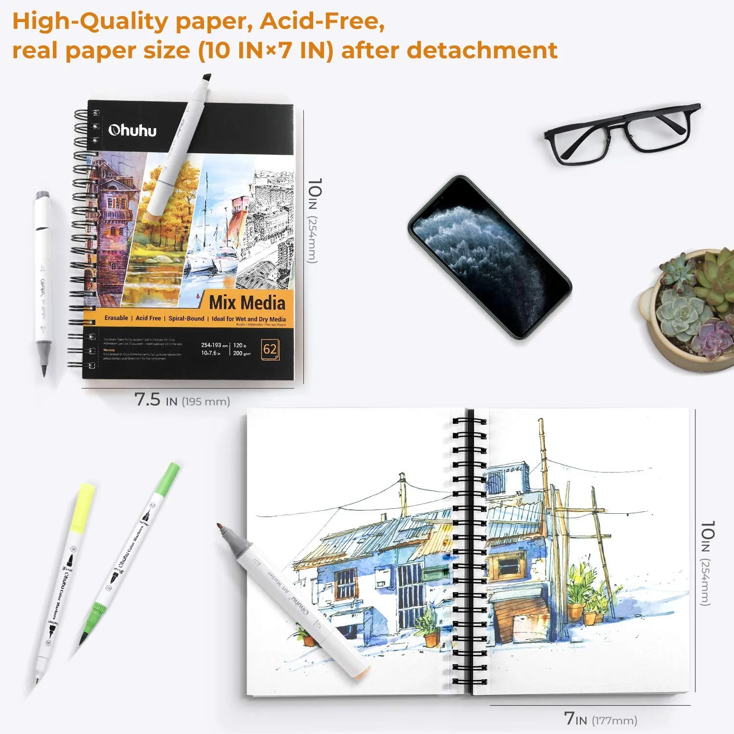 Ohuhu Mix Media Pad, Ohuhu 10"x7.6" Mixed Media Art Sketchbook 120 LB/200 GSM Heavyweight Papers 62 Sheets/124 Pages Spiral Bound Mixed Media Paper Pad for Acrylic Watercolor Painting Pen and Pencil