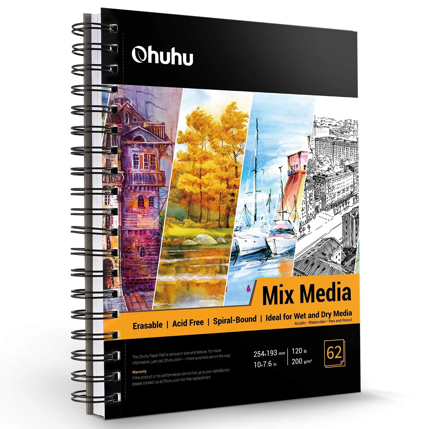 Ohuhu Mix Media Pad, Ohuhu 10"x7.6" Mixed Media Art Sketchbook 120 LB/200 GSM Heavyweight Papers 62 Sheets/124 Pages Spiral Bound Mixed Media Paper Pad for Acrylic Watercolor Painting Pen and Pencil