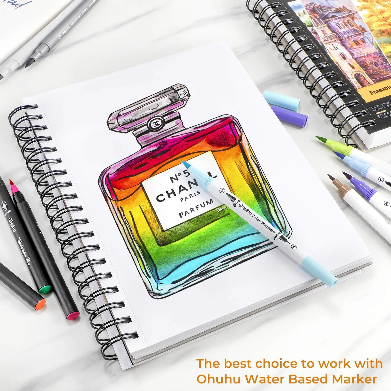 Ohuhu Mix Media Pad, Ohuhu 10"x7.6" Mixed Media Art Sketchbook 120 LB/200 GSM Heavyweight Papers 62 Sheets/124 Pages Spiral Bound Mixed Media Paper Pad for Acrylic Watercolor Painting Pen and Pencil