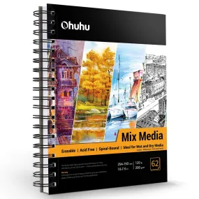 Ohuhu Mix Media Pad, Ohuhu 10"x7.6" Mixed Media Art Sketchbook 120 LB/200 GSM Heavyweight Papers 62 Sheets/124 Pages Spiral Bound Mixed Media Paper Pad for Acrylic Watercolor Painting Pen and Pencil
