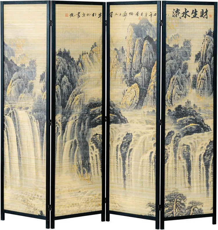 Paneled Black Frame Freestanding Room Divider Bamboo Folding Privacy Screen with Dual Sided Asian Mountain & Waterfall