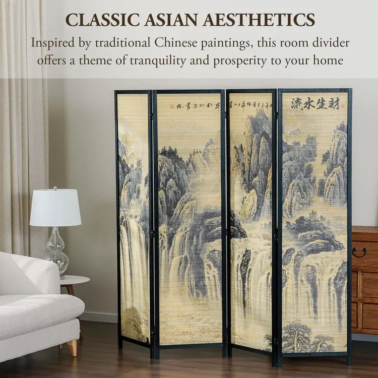 Paneled Black Frame Freestanding Room Divider Bamboo Folding Privacy Screen with Dual Sided Asian Mountain & Waterfall