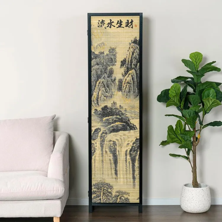 Paneled Black Frame Freestanding Room Divider Bamboo Folding Privacy Screen with Dual Sided Asian Mountain & Waterfall