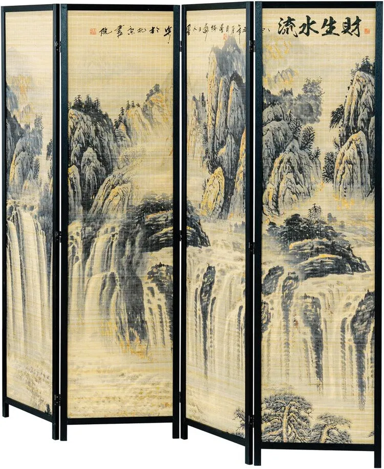 Paneled Black Frame Freestanding Room Divider Bamboo Folding Privacy Screen with Dual Sided Asian Mountain & Waterfall