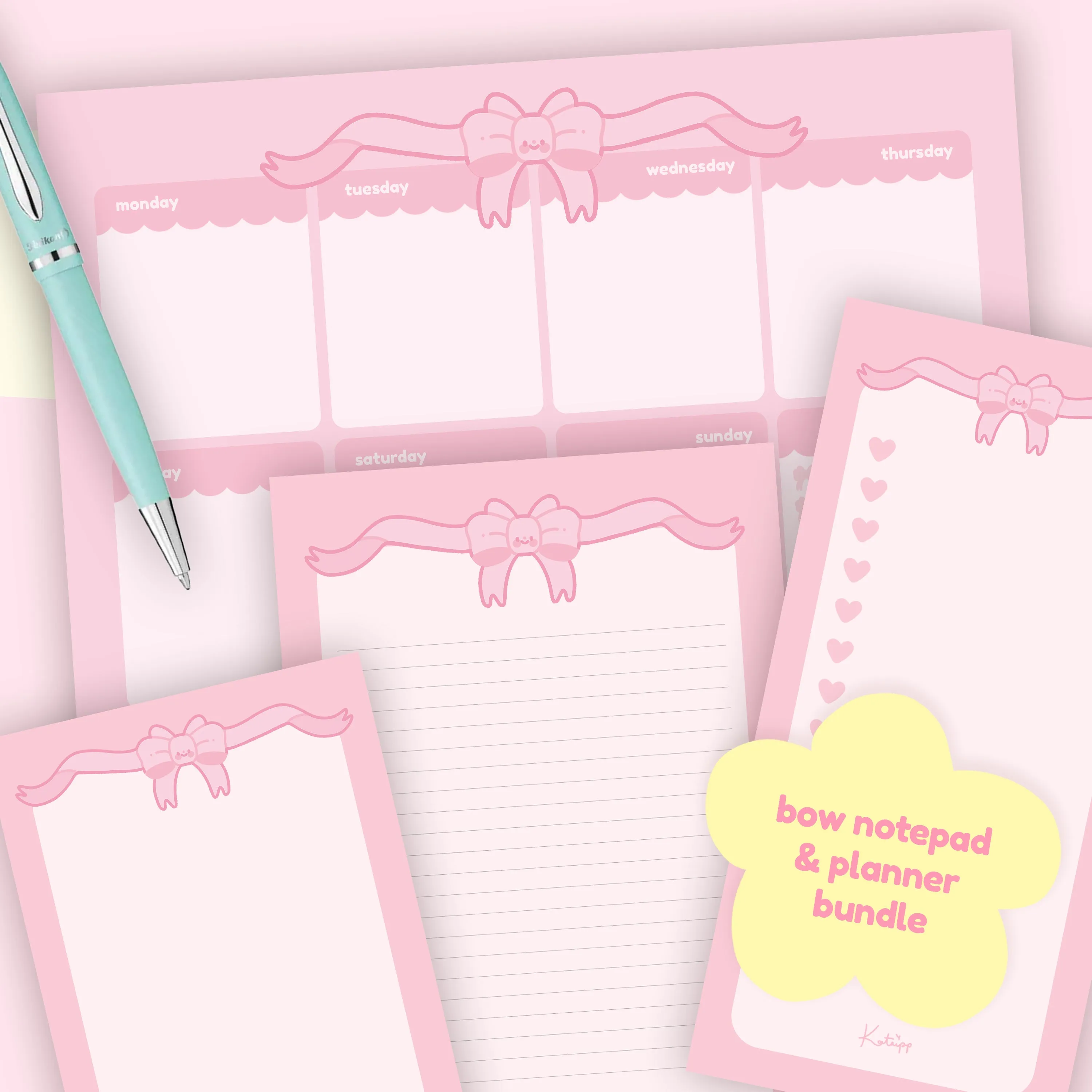 Pink Coquette Bow Stationery Bundle | Kawaii Notepads & Planner Set for Cute Organisation