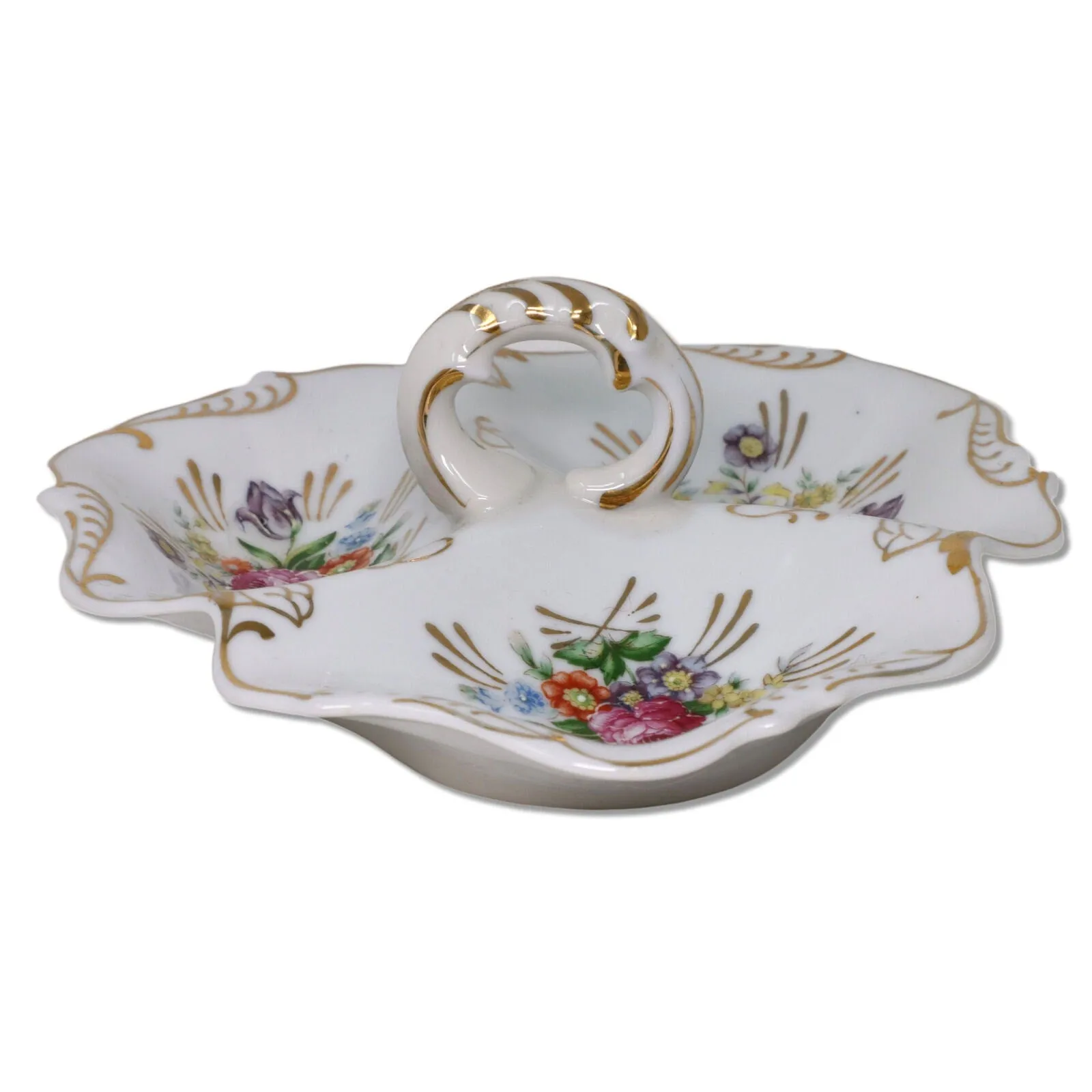 Relish Dish 3 Section Divided Porcelain Floral Painted Gold Trim German?
