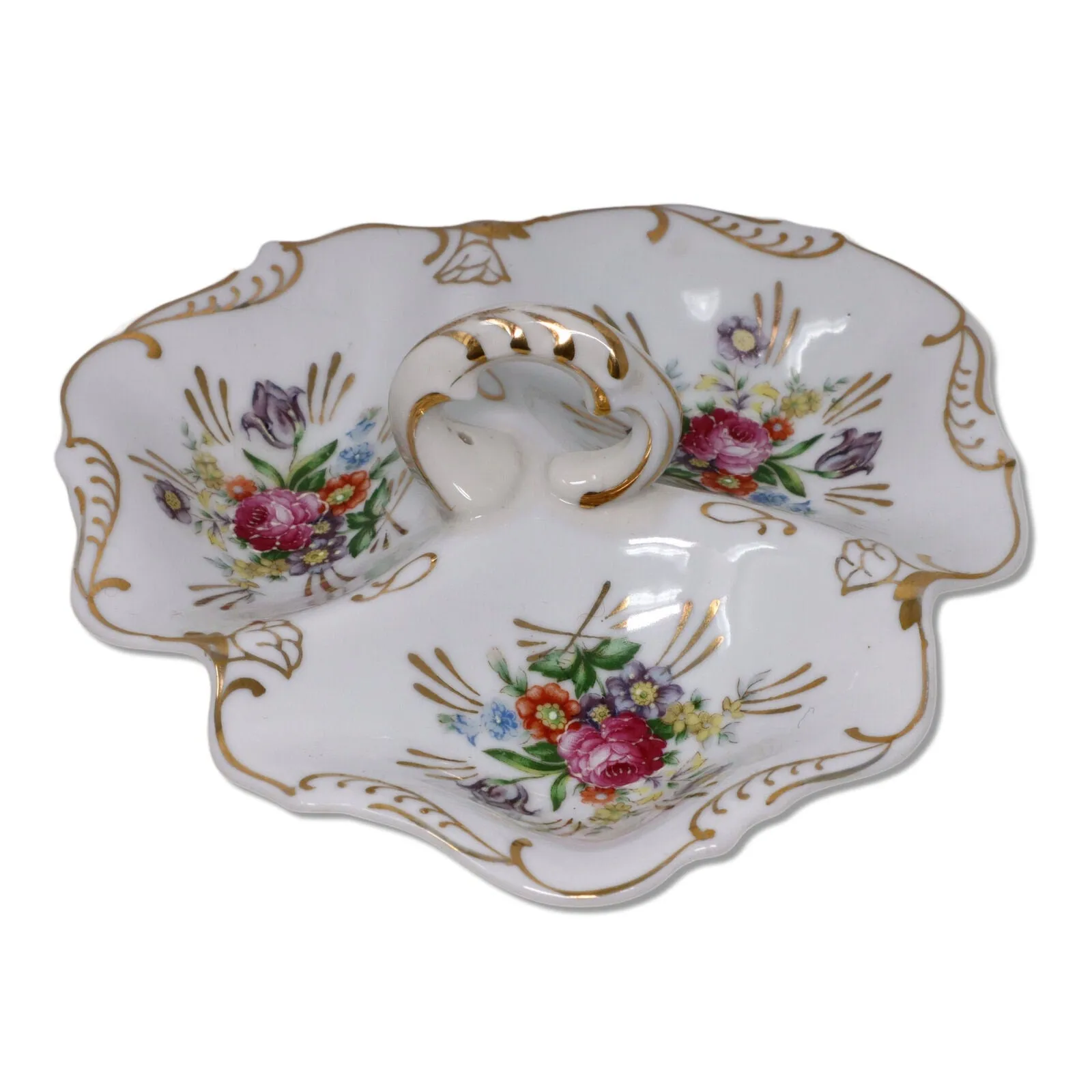 Relish Dish 3 Section Divided Porcelain Floral Painted Gold Trim German?