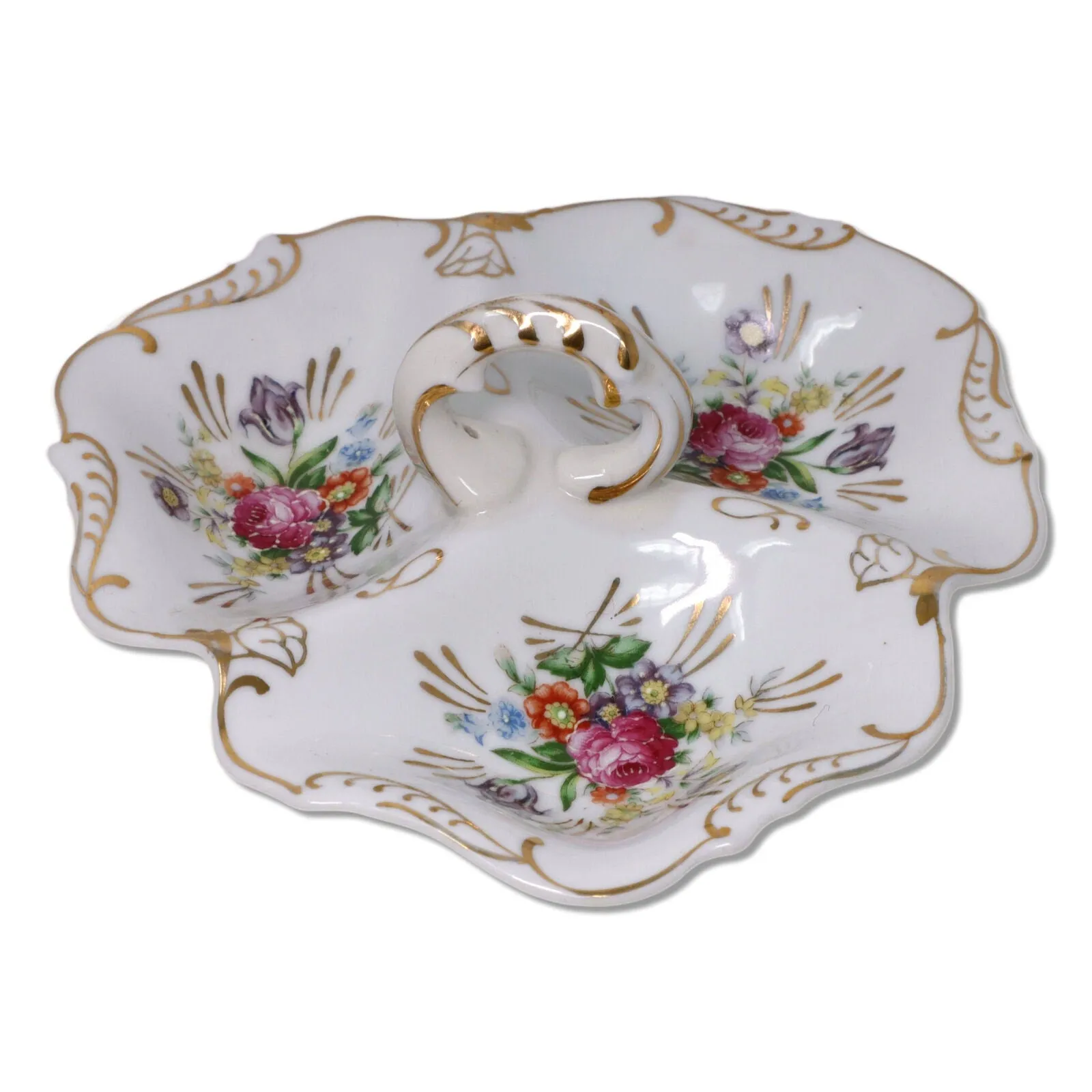 Relish Dish 3 Section Divided Porcelain Floral Painted Gold Trim German?