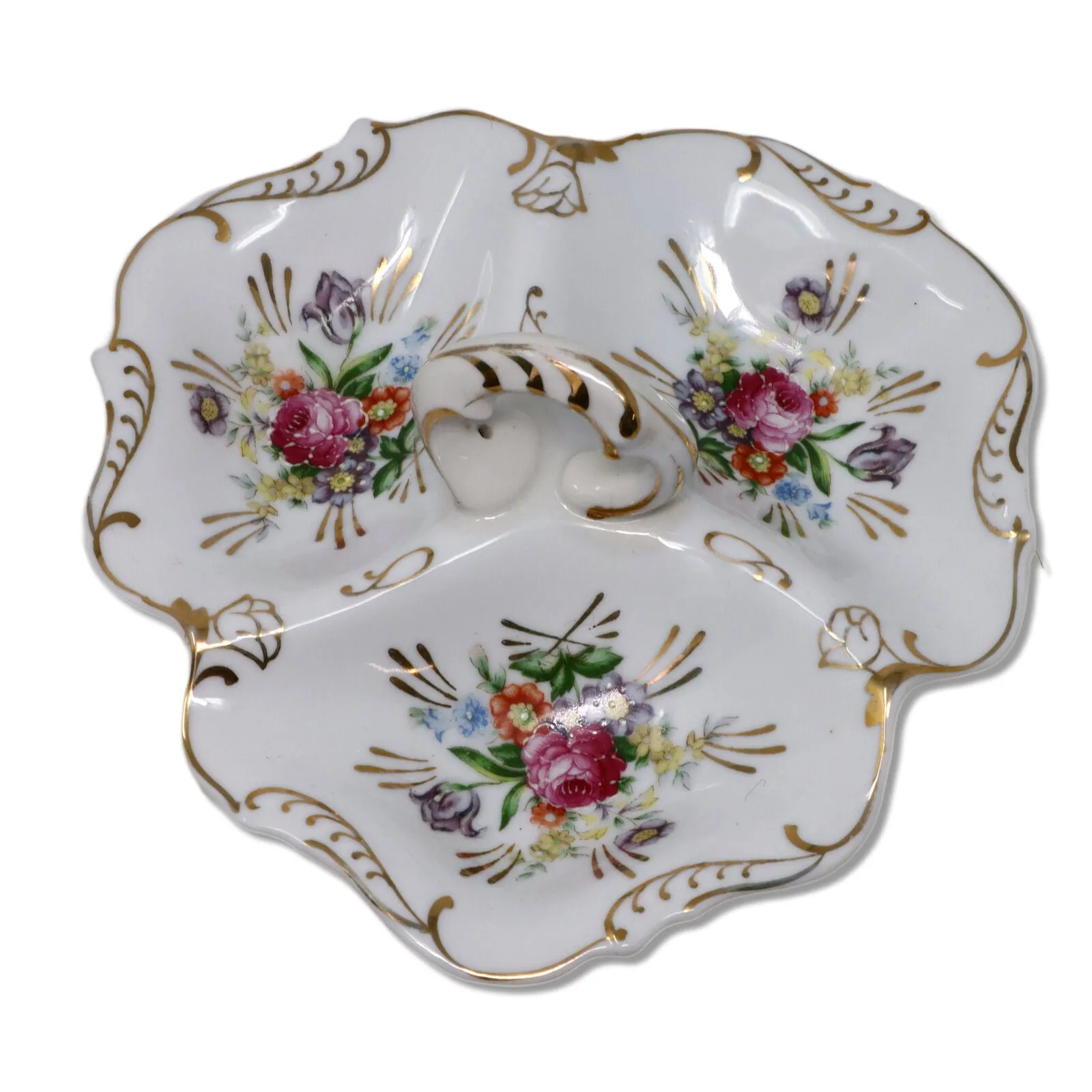 Relish Dish 3 Section Divided Porcelain Floral Painted Gold Trim German?