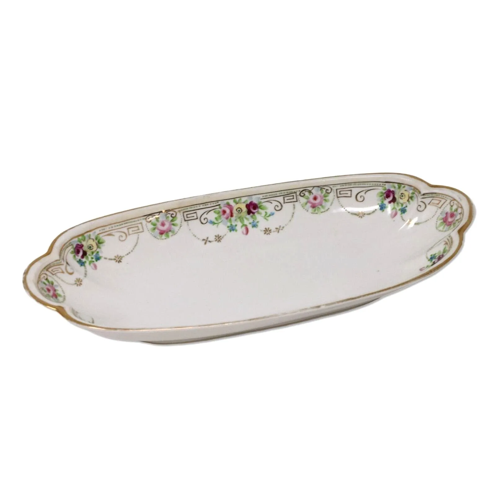 Rising Sun Nippon HP 11.5" Roses & Gold Oval Celery Asparagus Dish Antique 1911