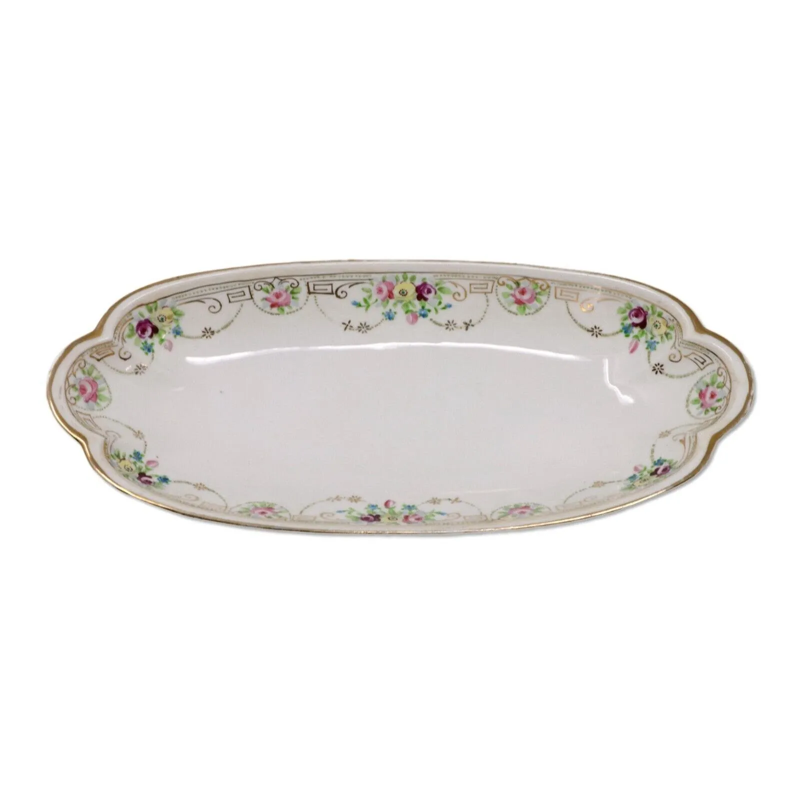 Rising Sun Nippon HP 11.5" Roses & Gold Oval Celery Asparagus Dish Antique 1911