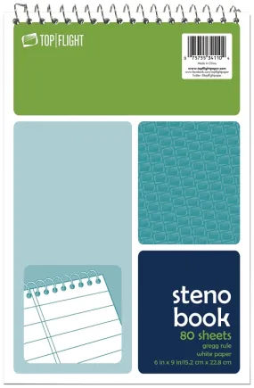 Top Flight 4600948 Steno Pad, Rule Sheet, 6 in L x 9 in W Sheet, 80-Sheet, White Sheet, Wirebound Binding :EA: QUANTITY: 6