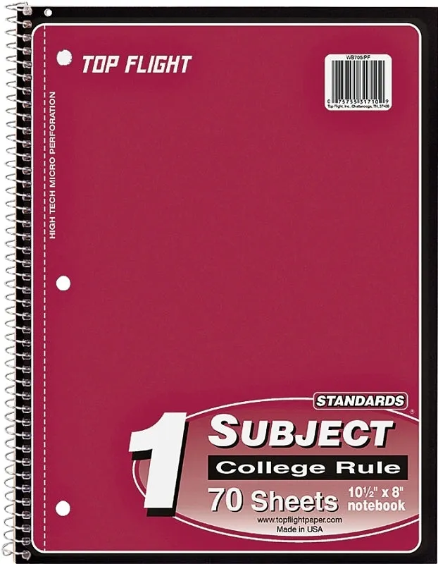 Top Flight WB705PFW Series 4510821 College Rule Notebook, Micro-Perforated Sheet, 70-Sheet, Wirebound Binding :EA: QUANTITY: 24