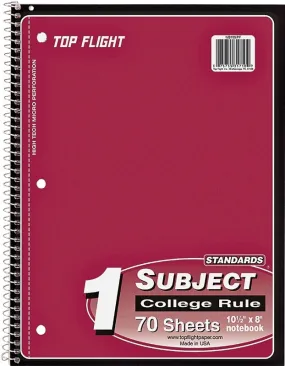 Top Flight WB705PFW Series 4510821 College Rule Notebook, Micro-Perforated Sheet, 70-Sheet, Wirebound Binding :EA: QUANTITY: 24