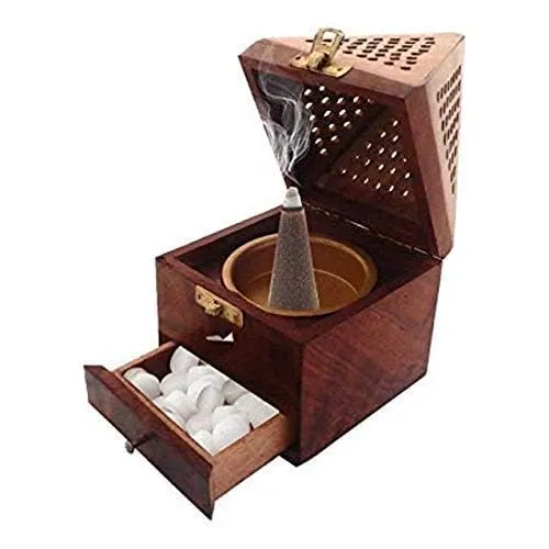 UWI CRAFTS Wooden Incense Holder 3 Inches with Storage Tray Handmade Dhoop Batti Stand- Handcrafted Ash Catcher for Aromatherapy, Meditation, and Home Decor
