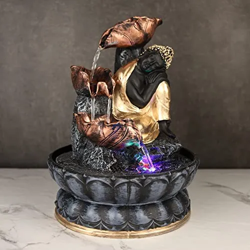 VIVARS Buddha Tabletop Waterfall Fountain Meditation Relaxing Indoor Decoration, Zen Fountain for Home, Office, Bedroom Decoration Grey