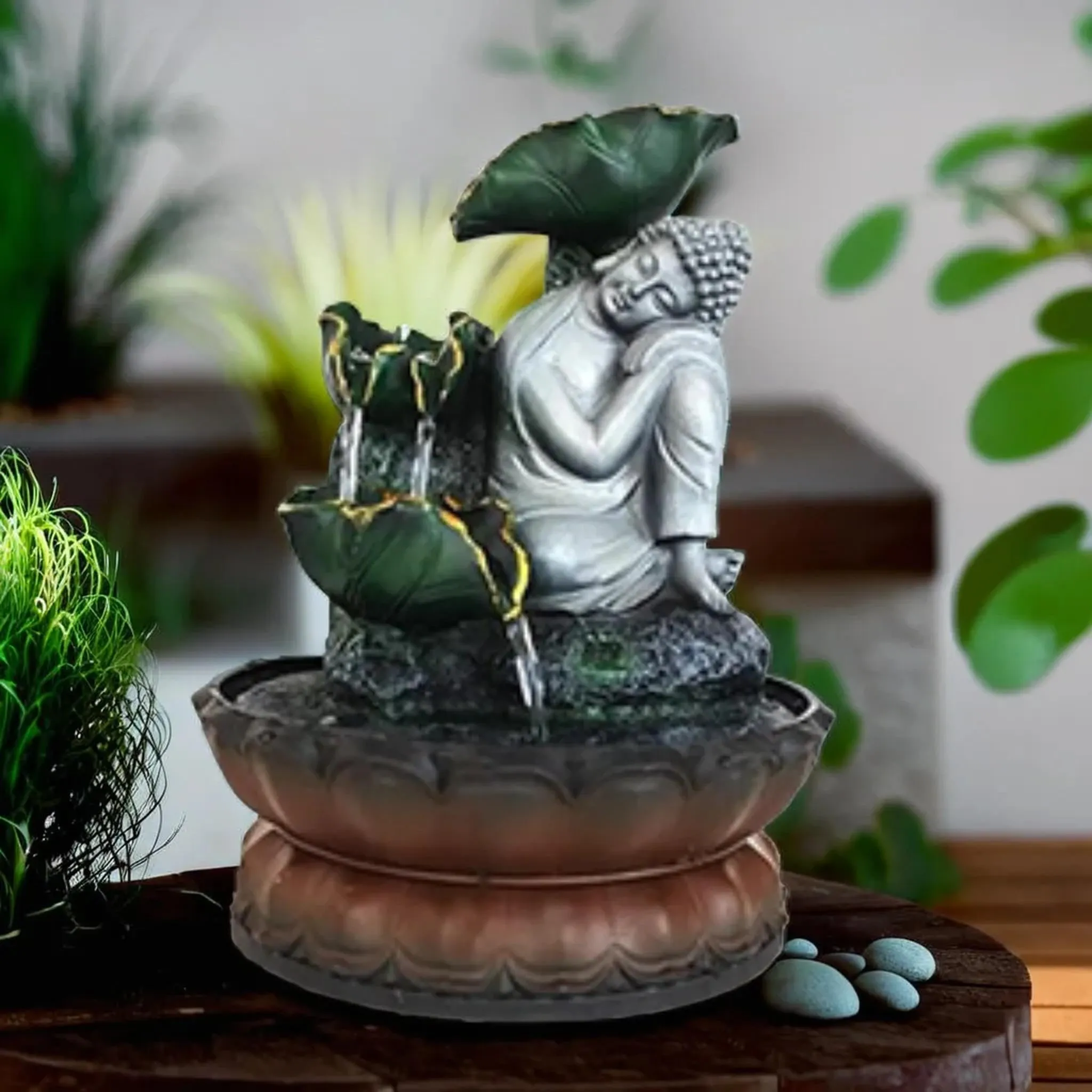 VIVARS Buddha Tabletop Waterfall Fountain Meditation Relaxing Indoor Decoration, Zen Fountain for Home, Office, Bedroom Decoration-Multi (Green)
