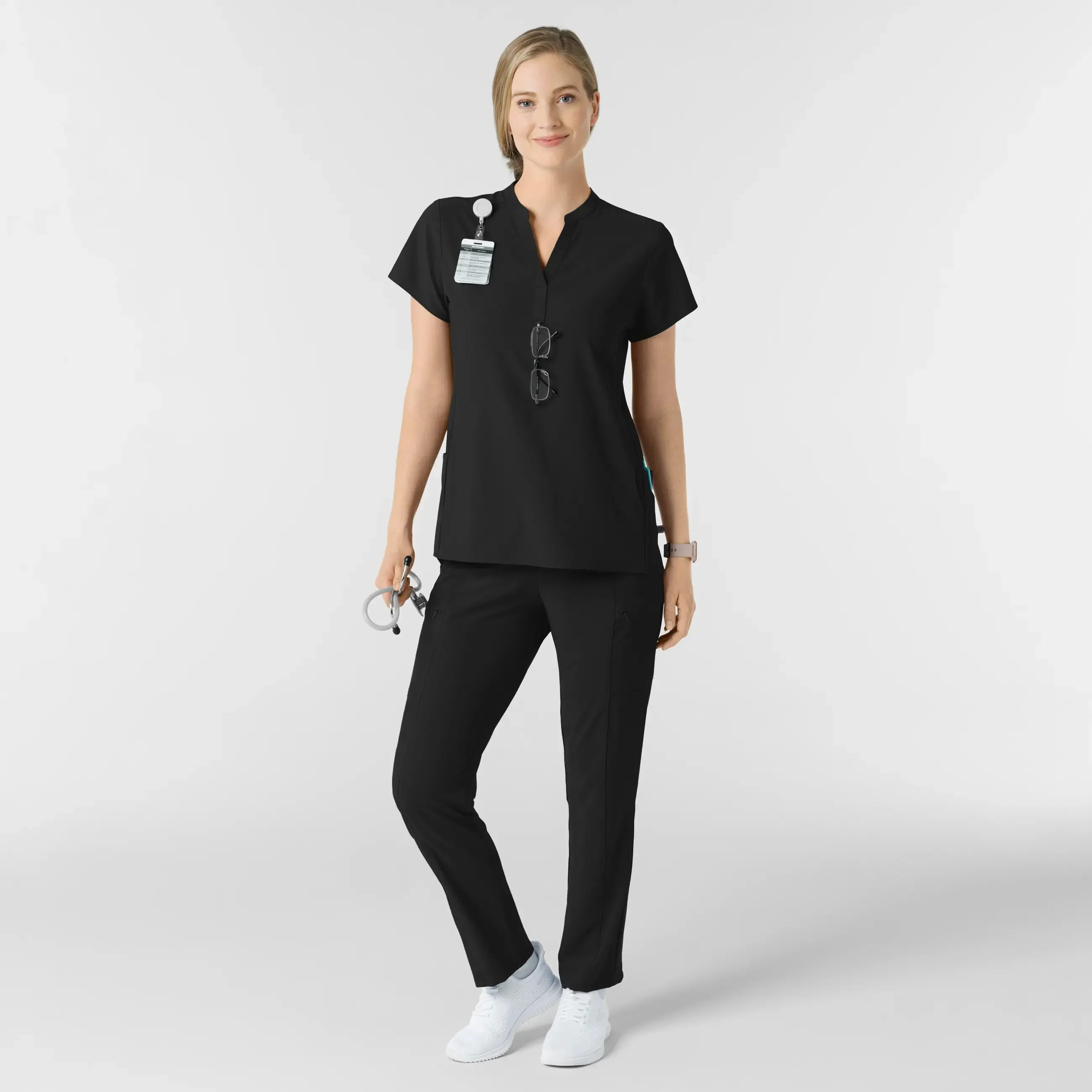 Wink Women's Mandarin Collar Scrub Top - Black