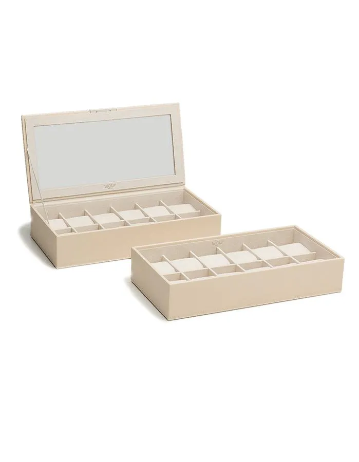Wolf Set of 2 Stackable 12 Piece Watch Trays - Cream - Glass Lid - Suede Lining