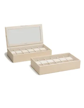 Wolf Set of 2 Stackable 12 Piece Watch Trays - Cream - Glass Lid - Suede Lining